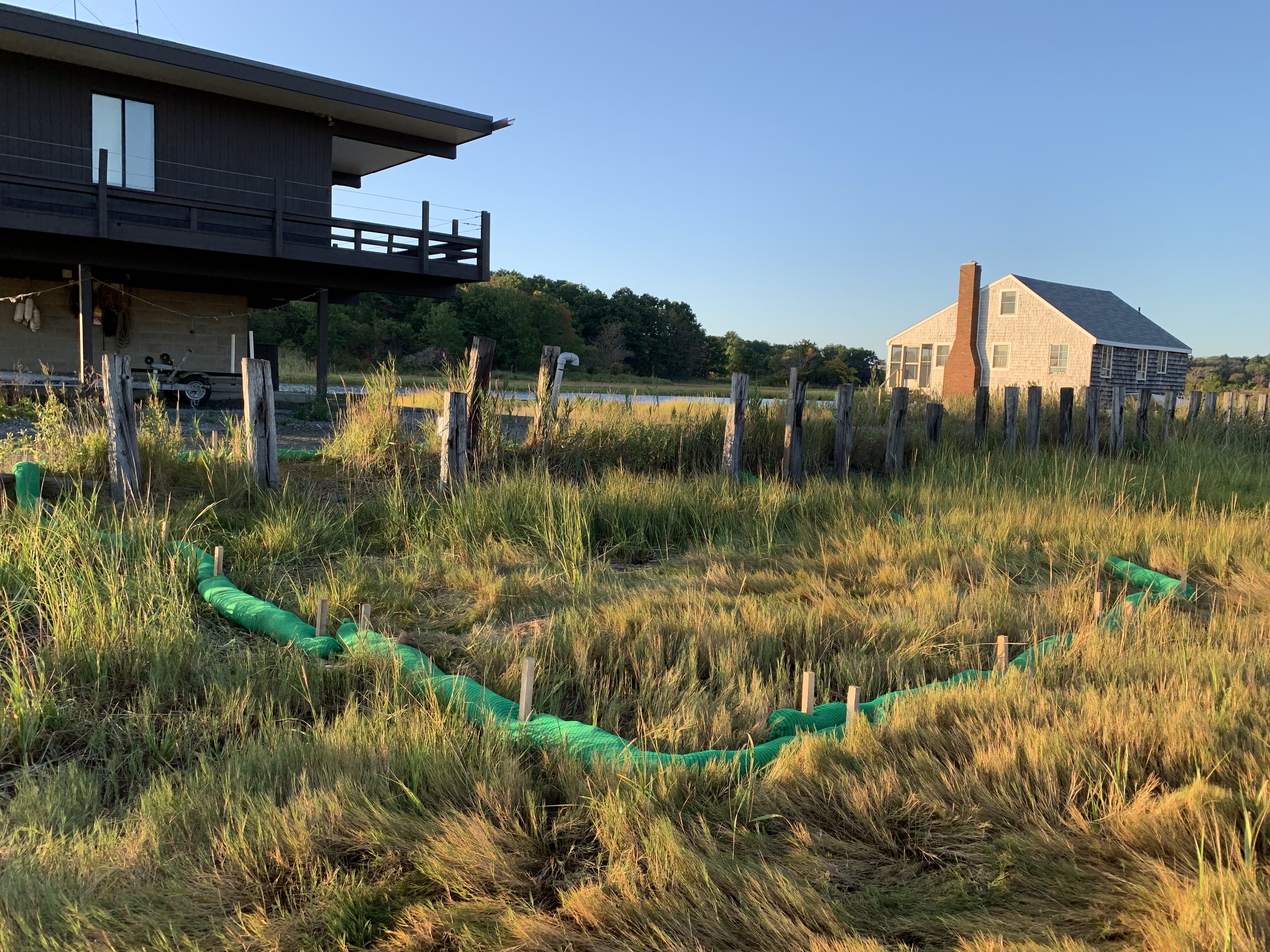 A building on stilts, overlooking the marsh. There are stakes and fencing in the marsh, where presumably science is happening!